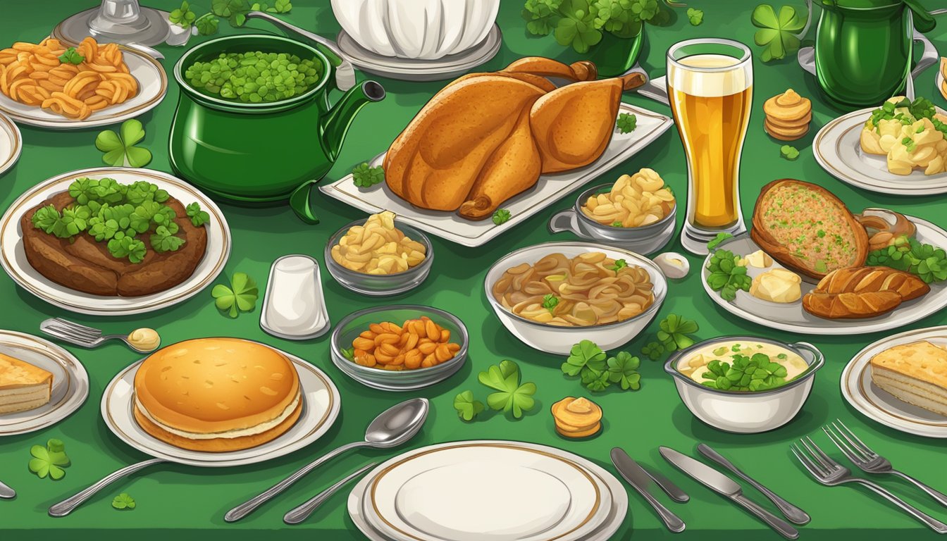 A festive table set with a spread of traditional Irish dishes, with a Texan twist, ready for a St. Patrick's Day celebration