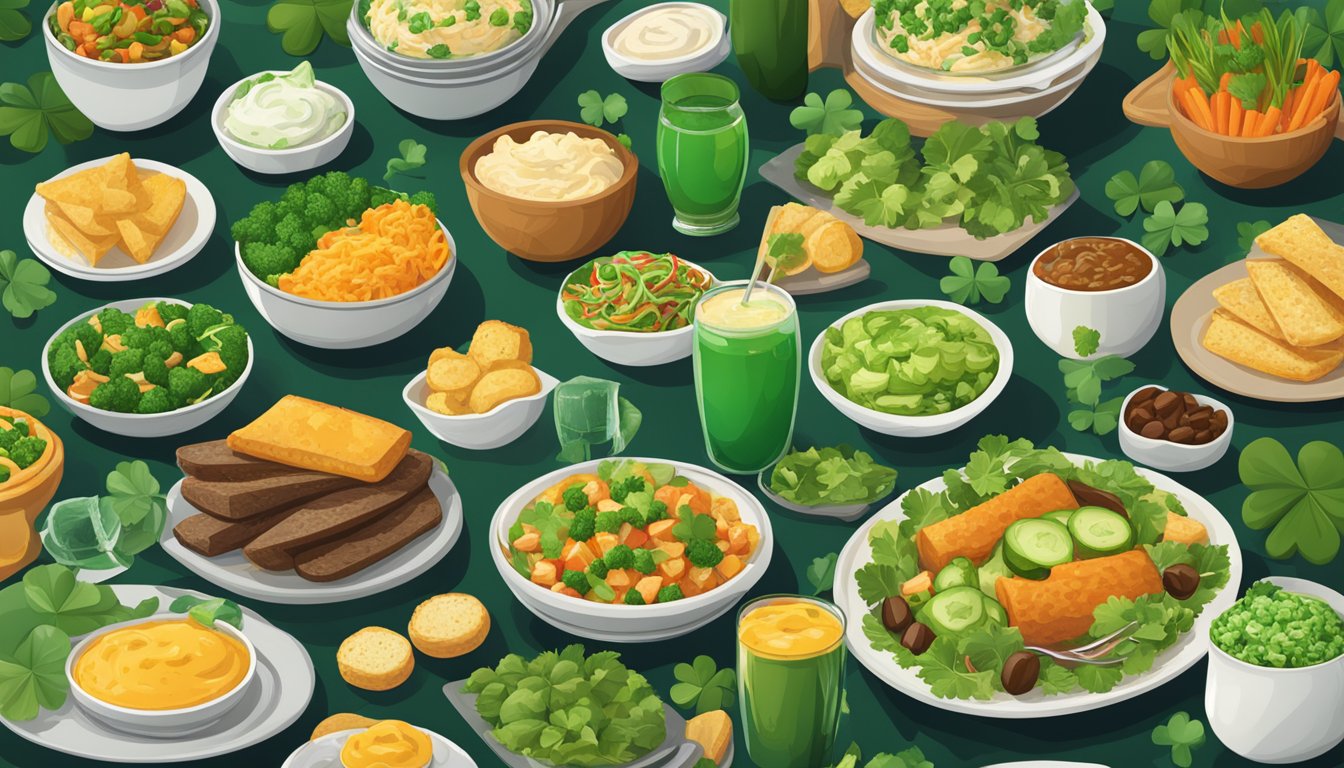 A festive spread of Irish-Texan side dishes and salads, with a mix of traditional St. Patrick's Day and Southern flavors