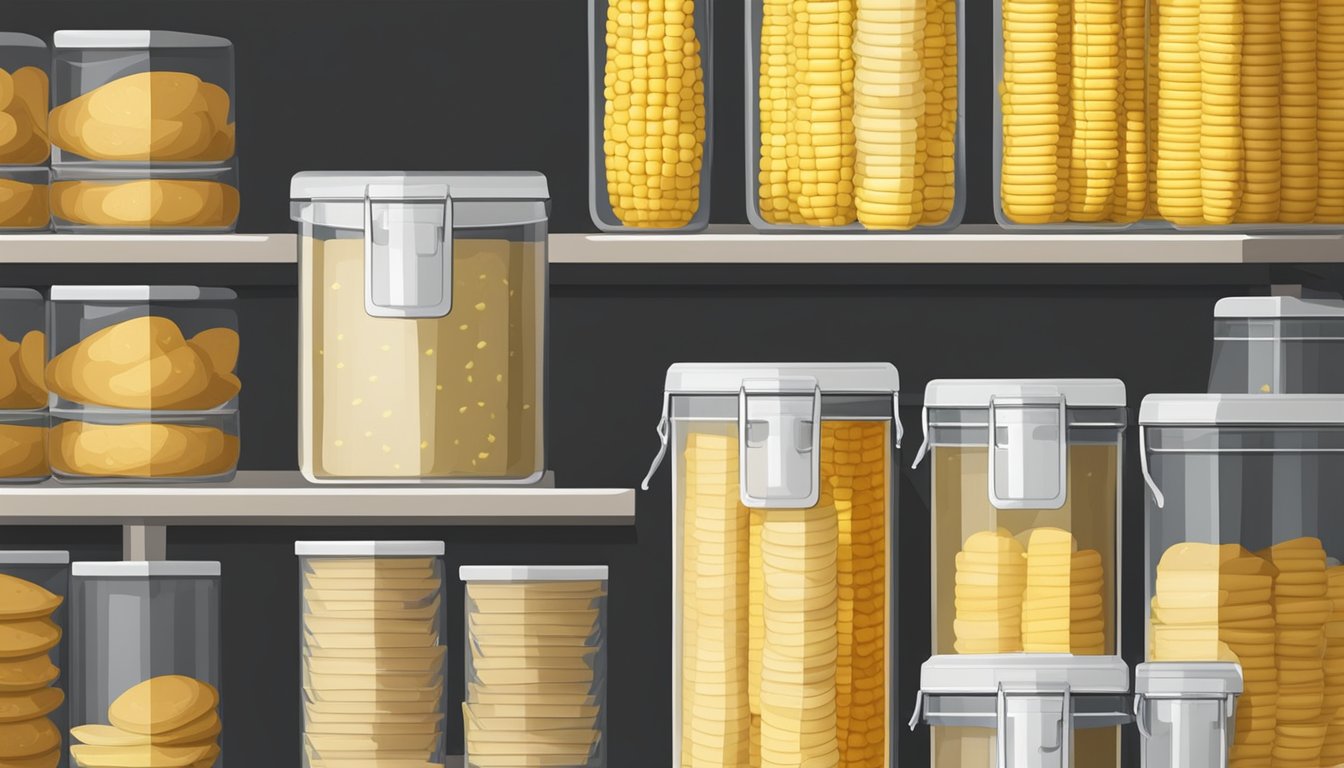 A kitchen pantry with neatly stacked corn and flour tortillas in separate airtight containers