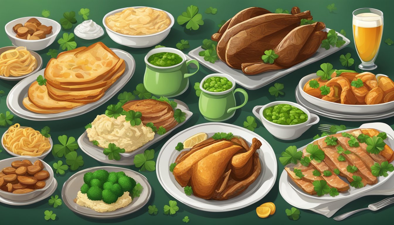 A festive table adorned with a spread of traditional Irish and Texan dishes, featuring a mix of land and sea main courses for St. Patrick's Day