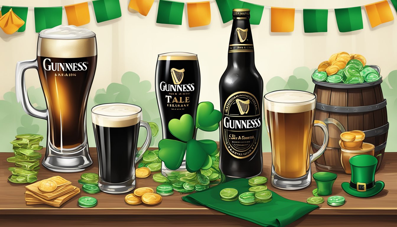 A table set with Irish and Texan beverages, including Guinness and whiskey, alongside traditional St. Patrick's Day decorations