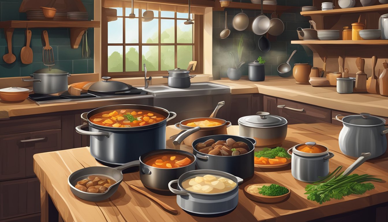 A rustic kitchen with a mix of Irish and Texan ingredients, pots and pans, and a simmering pot of hearty stew on the stove