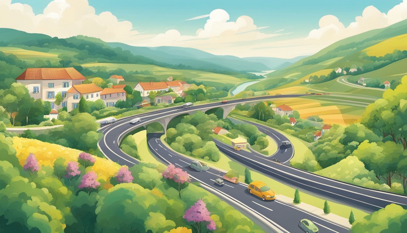 A winding motorway surrounded by lush countryside, dotted with quaint family-run restaurants offering charming havens for travelers to enjoy their meals