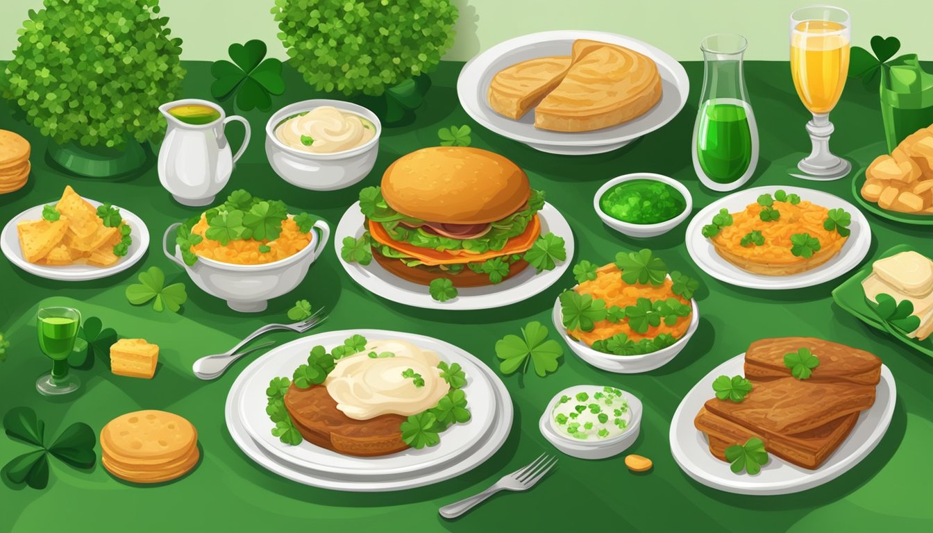 A festive table set with Irish-Texan cuisine for St. Patrick's Day. Green decorations and traditional dishes create a lively atmosphere