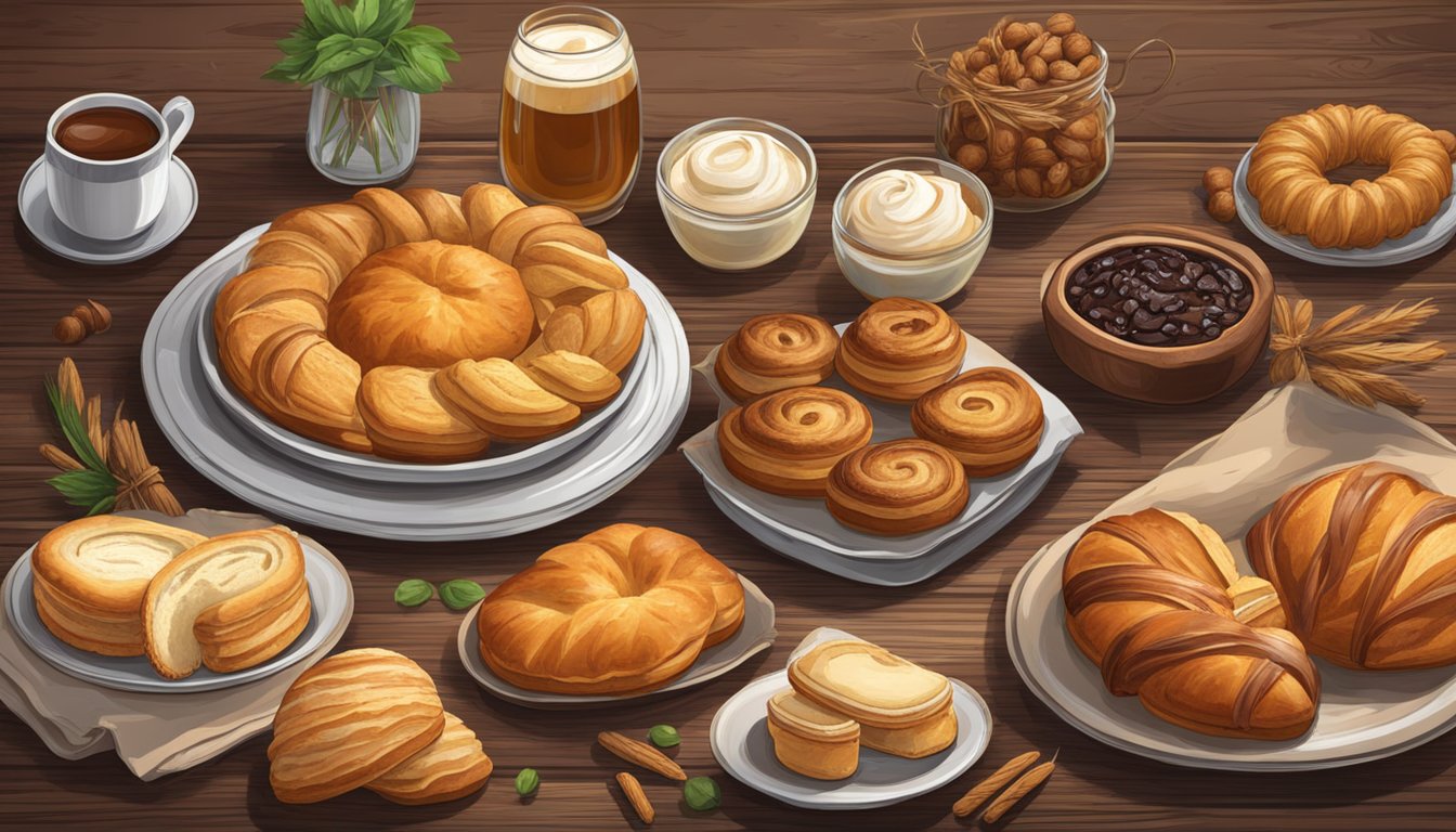 A rustic wooden table adorned with a spread of freshly baked pastries, showcasing the fusion of European and Texan flavors