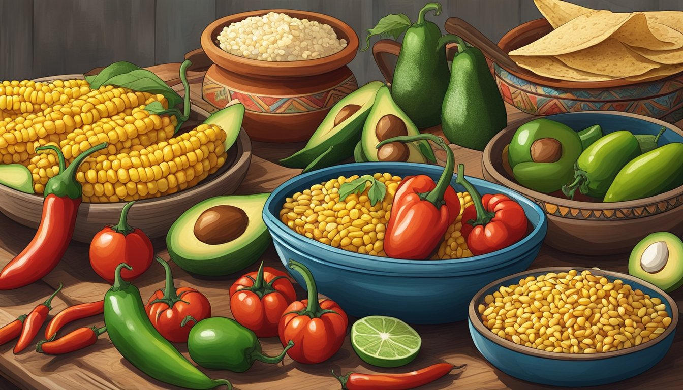 A colorful spread of chilies, corn, beans, tomatoes, avocados, and tortillas arranged on a rustic table, with traditional Mexican pottery and cooking utensils in the background