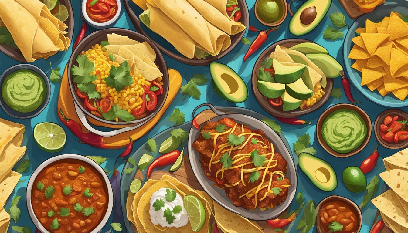 A colorful spread of Tex Mex dishes, including enchiladas, tacos, and tamales, surrounded by vibrant Mexican ingredients like chilies, corn, and avocados