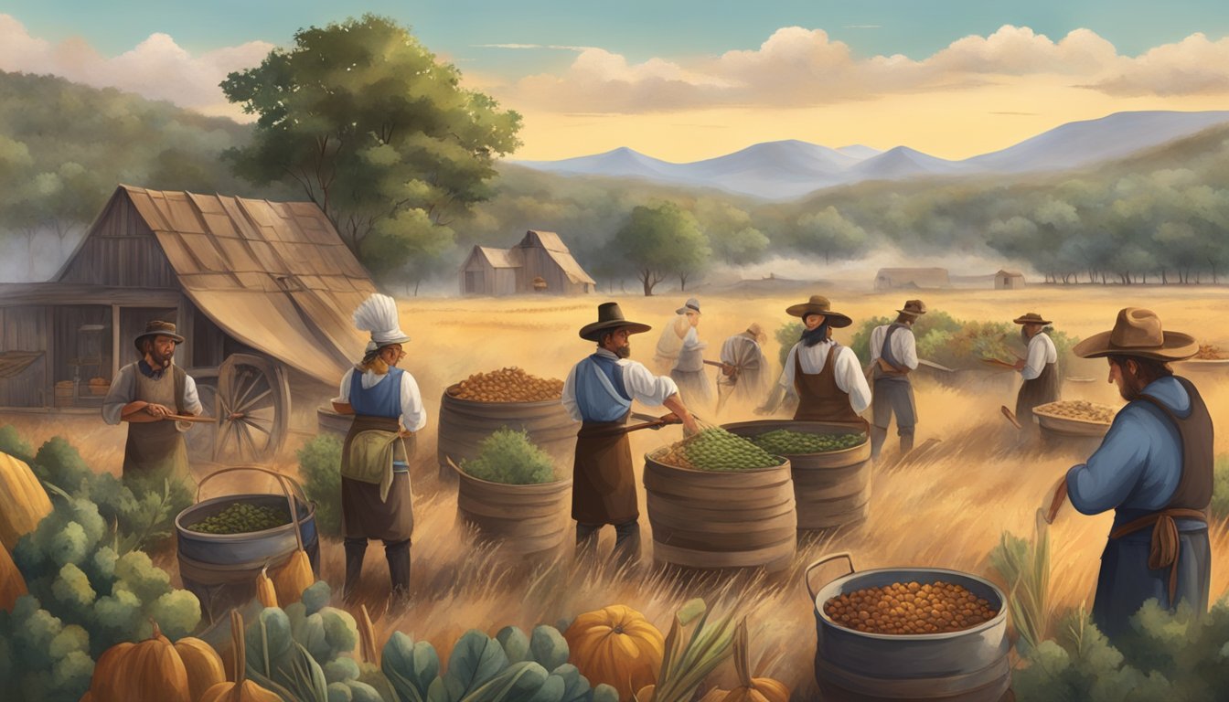 European settlers harvesting crops and cooking over open fires in a Texan landscape, blending their traditional flavors with local ingredients