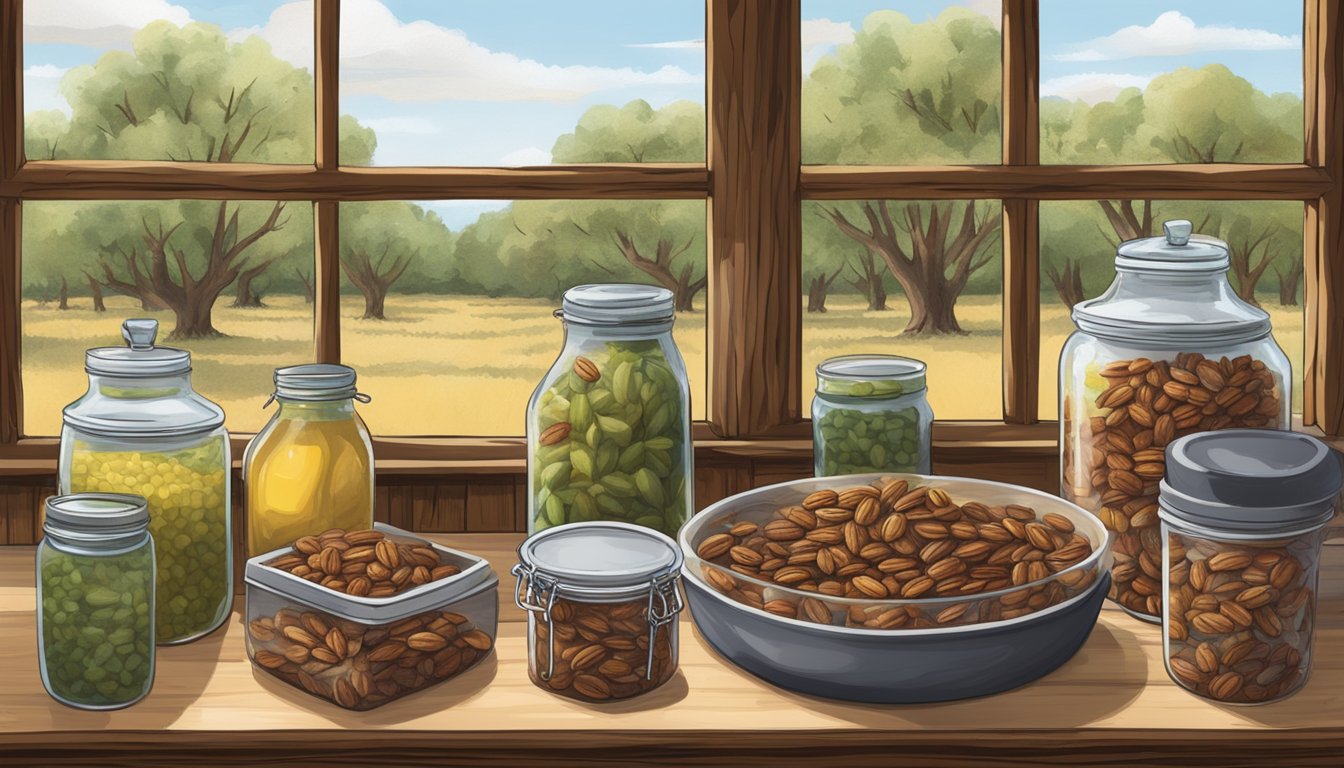 A rustic kitchen with a wooden table covered in pecans, jars of infused oils, and recipe books open to Texas fare dishes. A window overlooks a pecan orchard in full harvest