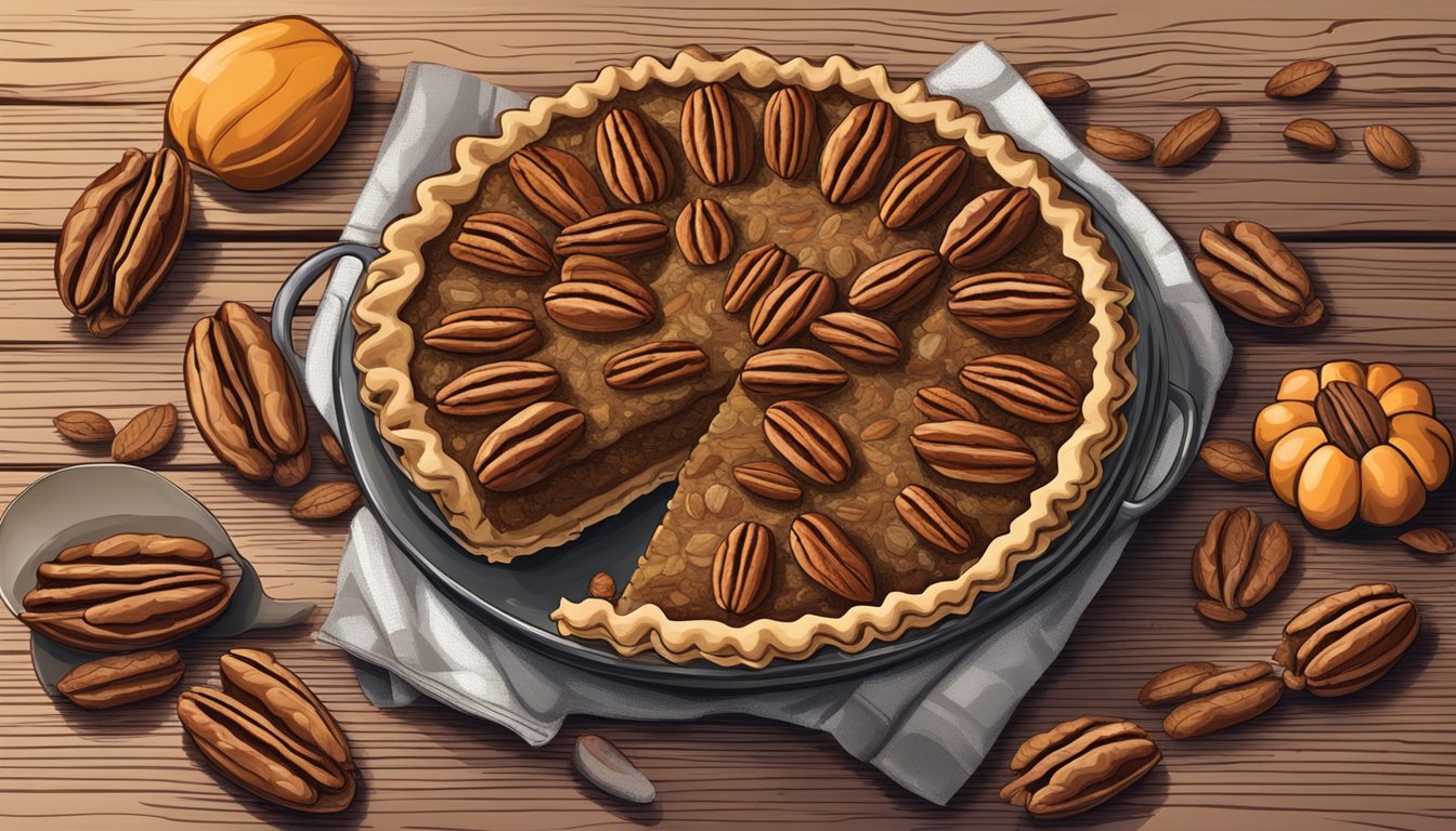 A rustic kitchen table adorned with a freshly baked pecan pie, surrounded by pecan shells and a basket of harvested pecans