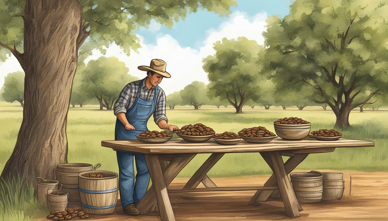 A rustic table set with pecan-infused dishes, surrounded by pecan trees in a Texas orchard, with a farmer harvesting pecans in the background