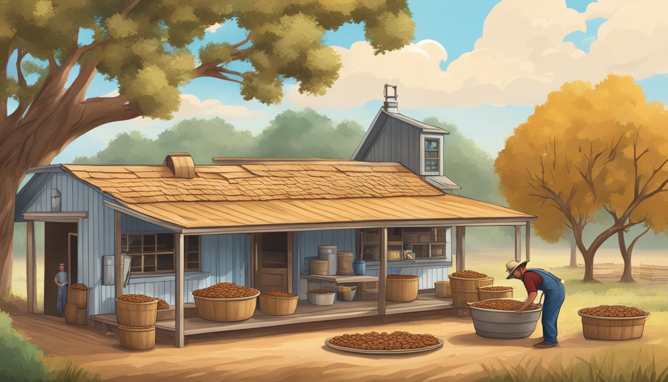 A rustic Texas kitchen with pecan pie baking, pecan trees in the background, and a farmer harvesting pecans