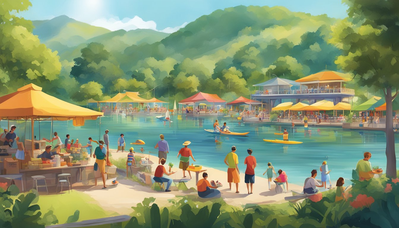 A vibrant lakeside scene with people enjoying water sports, surrounded by lush greenery and nearby food vendors