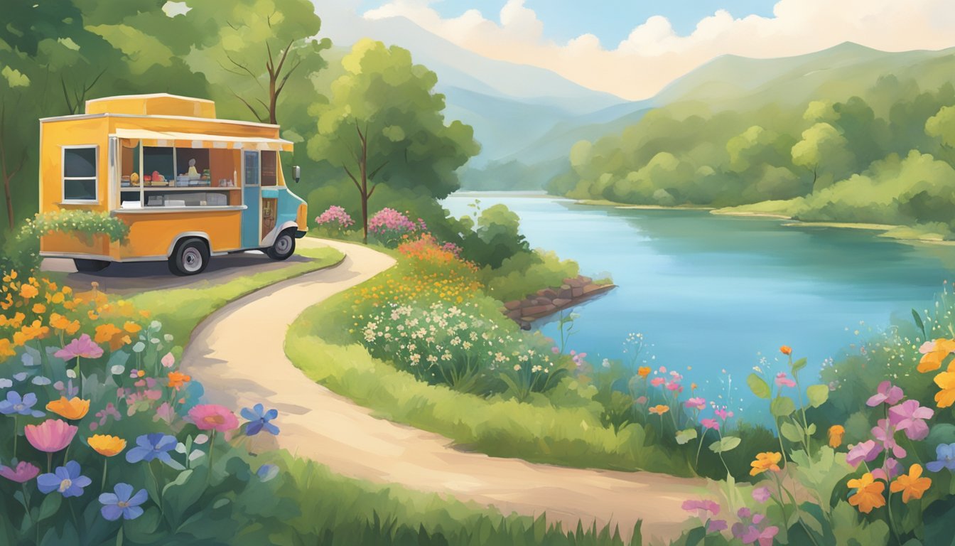 A winding nature trail leads to a tranquil lakeshore, surrounded by lush greenery and vibrant wildflowers. Nearby, a charming food truck offers local culinary delights