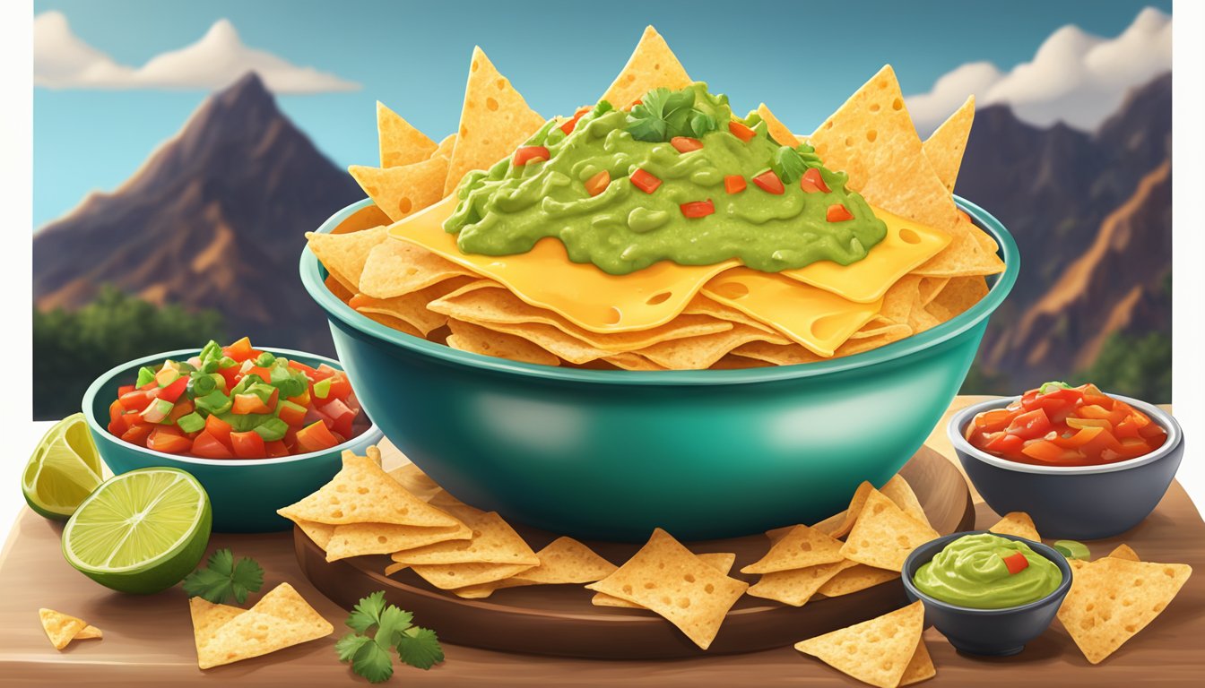 A bubbling pot of melted cheese cascading over a mountain of crispy tortilla chips, surrounded by bowls of vibrant salsa and creamy guacamole