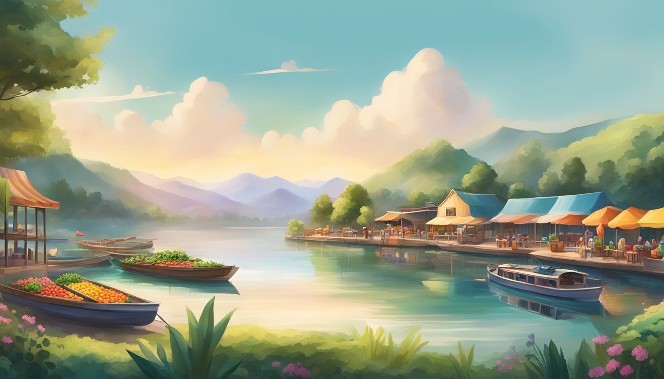 A serene lakeside with a colorful food market and a boat docked nearby, surrounded by lush greenery and rolling hills