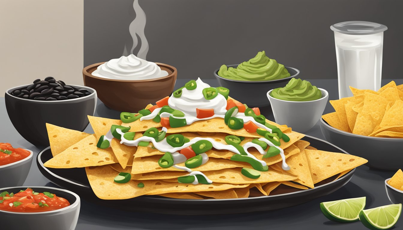 A pile of crispy tortilla chips topped with melted cheese, jalapenos, sour cream, and salsa, surrounded by bowls of guacamole and black beans