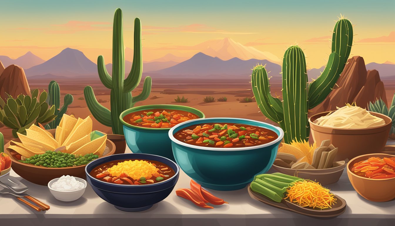 A table set with steaming bowls of chili, sizzling fajitas, and spicy tamales, surrounded by cacti and a desert landscape