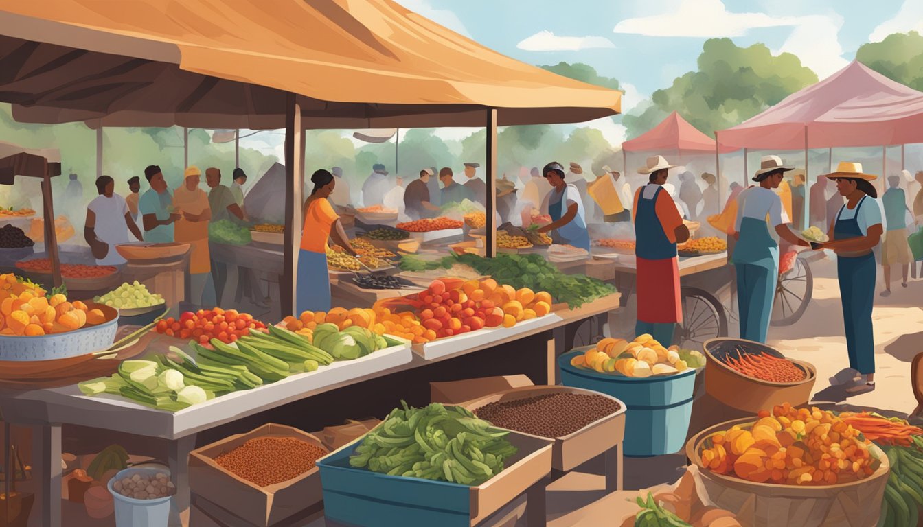 An outdoor market filled with colorful produce, spices, and traditional Texan dishes being prepared over open flames