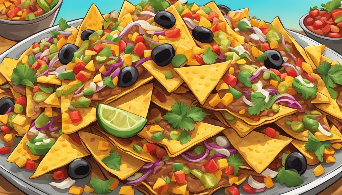 A mountain of nachos piled high with an array of colorful and flavorful toppings, showcasing the diverse and rich cultural history of the beloved snack