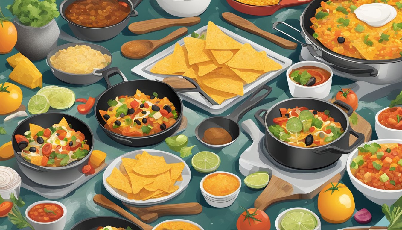 A bustling kitchen with bubbling pots, sizzling pans, and colorful ingredients, all coming together to create the ultimate nacho experience