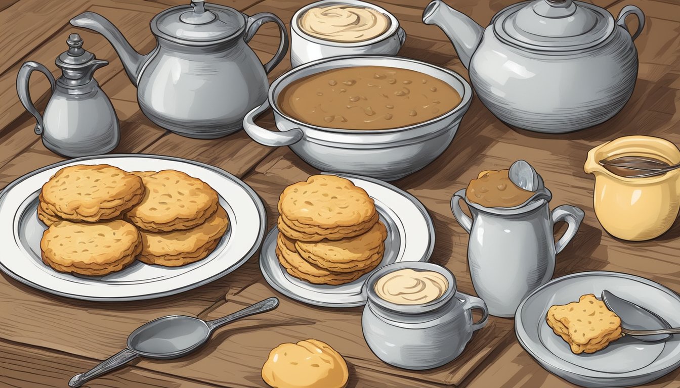 A rustic kitchen table set with a plate of flaky biscuits smothered in creamy gravy, surrounded by vintage cookware and ingredients