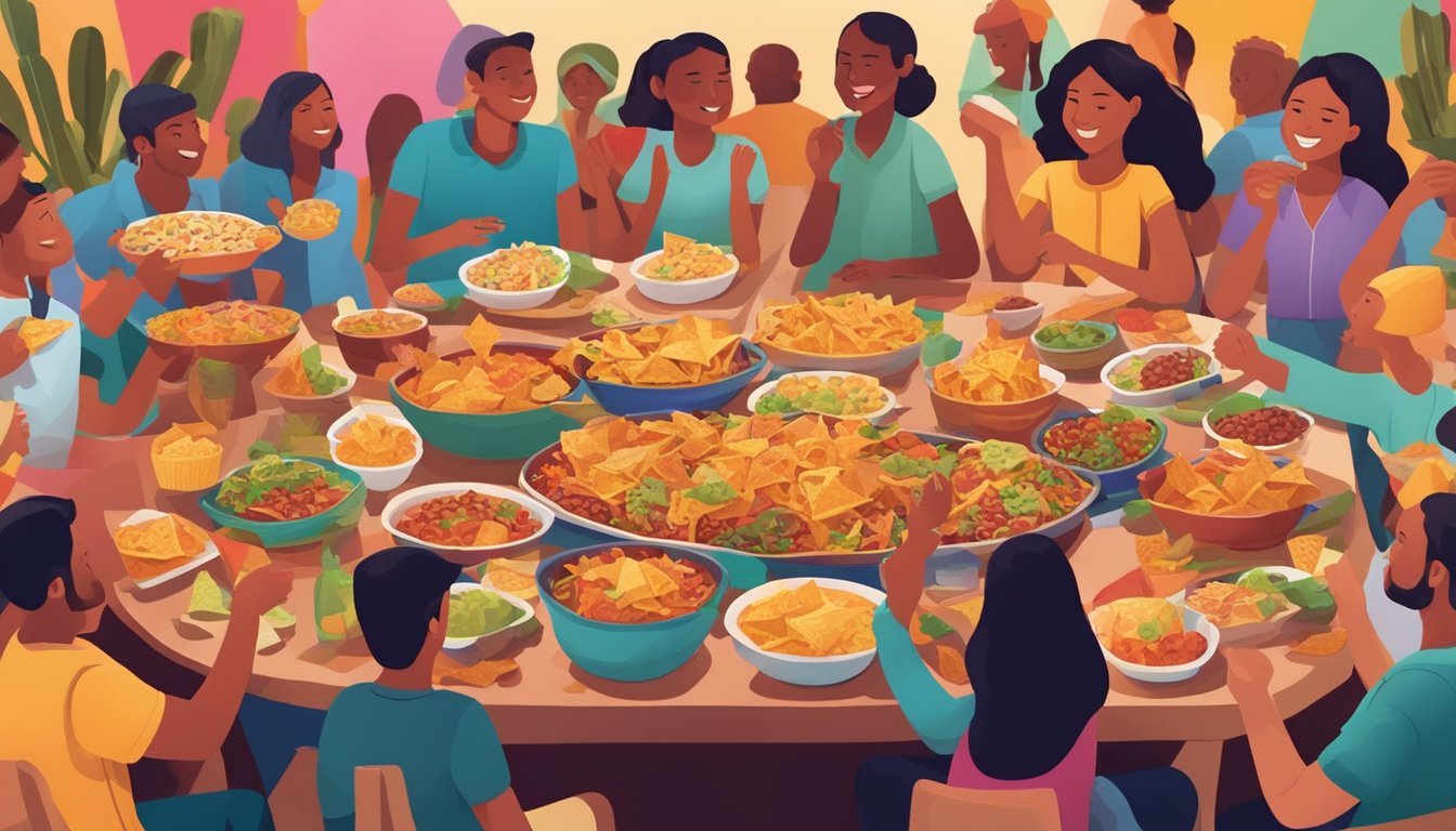 A colorful fiesta scene with a large table covered in a variety of nachos, surrounded by people of different cultures enjoying the snack