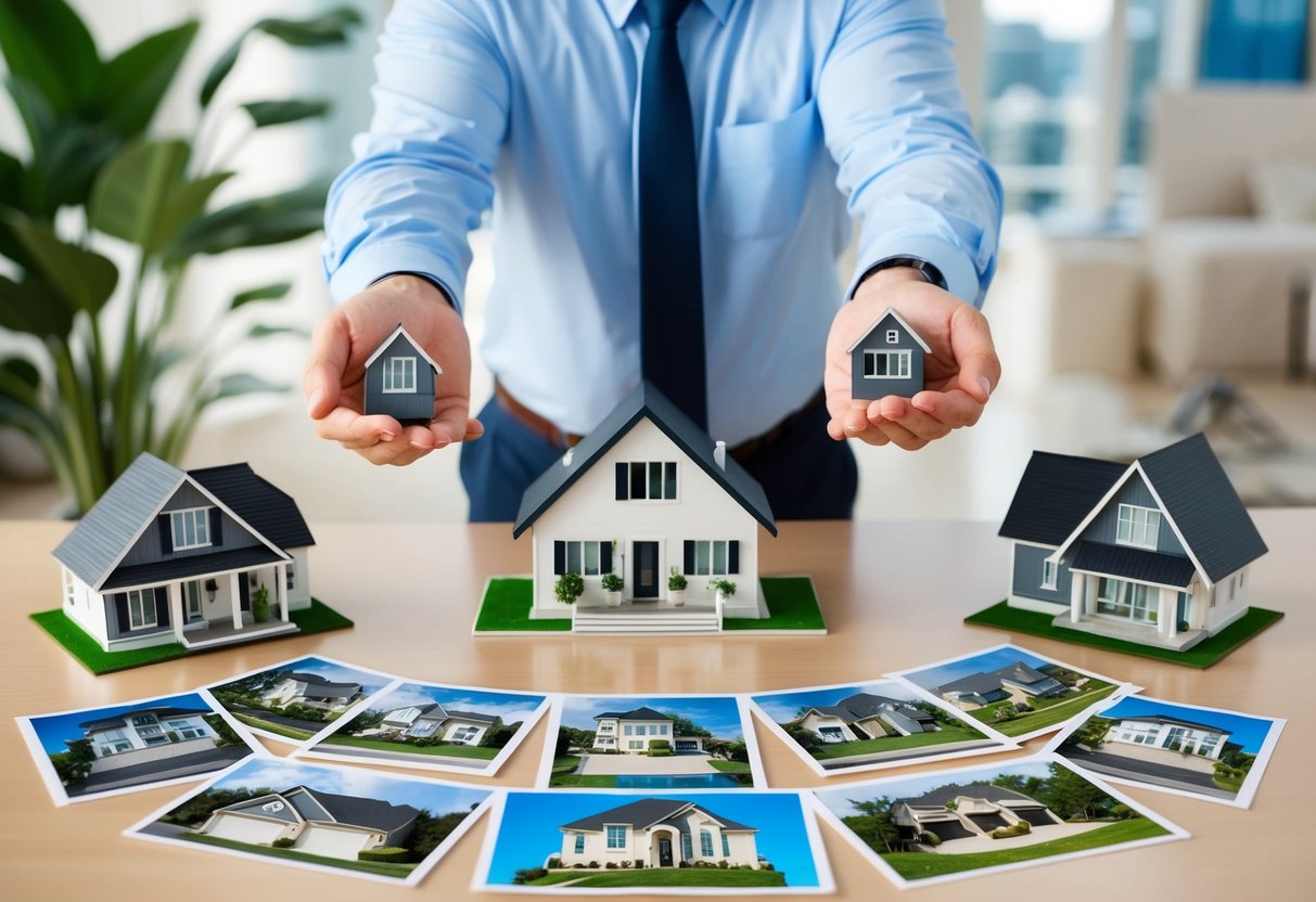 A real estate agent arranging professional photos of various properties for a marketing plan, including interior and exterior shots, aerial views, and close-ups of unique features