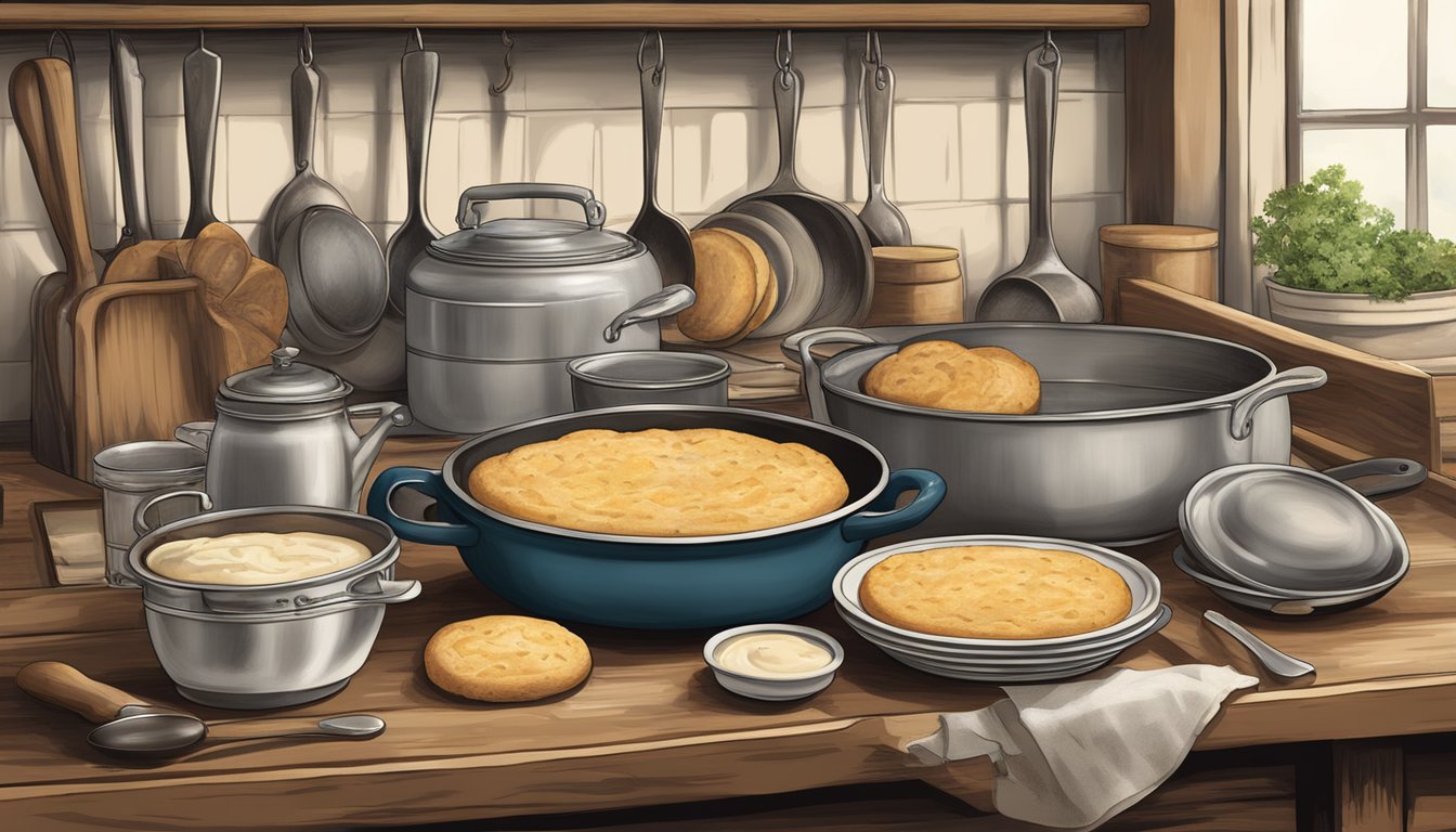 A rustic kitchen with vintage cookware and ingredients for biscuits and gravy, showcasing the historical evolution of the dish