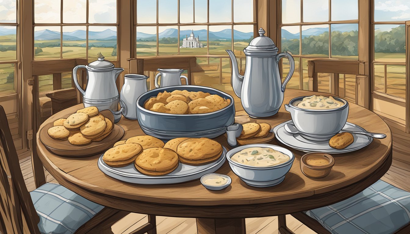 A rustic kitchen table with a plate of biscuits and gravy, surrounded by images of regional landmarks and historical artifacts