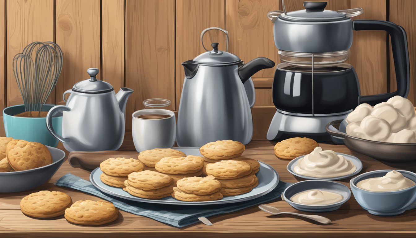 A steaming plate of biscuits and gravy sits on a rustic wooden table, surrounded by modern kitchen gadgets and vintage cookbooks