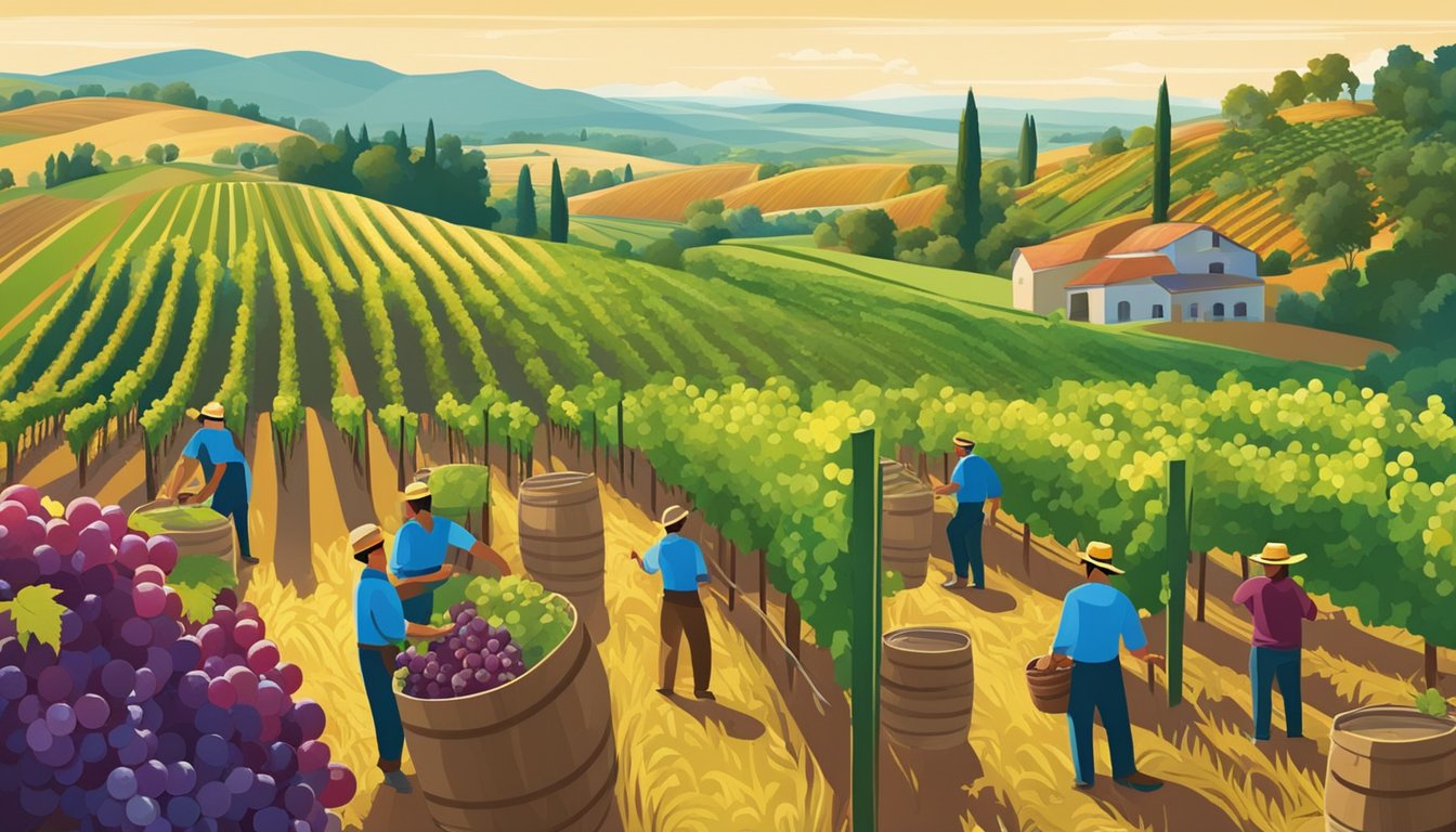 Vibrant vineyard landscape with rows of lush grapevines, rolling hills, and a bright blue sky. A harvest scene with workers picking grapes and barrels of wine