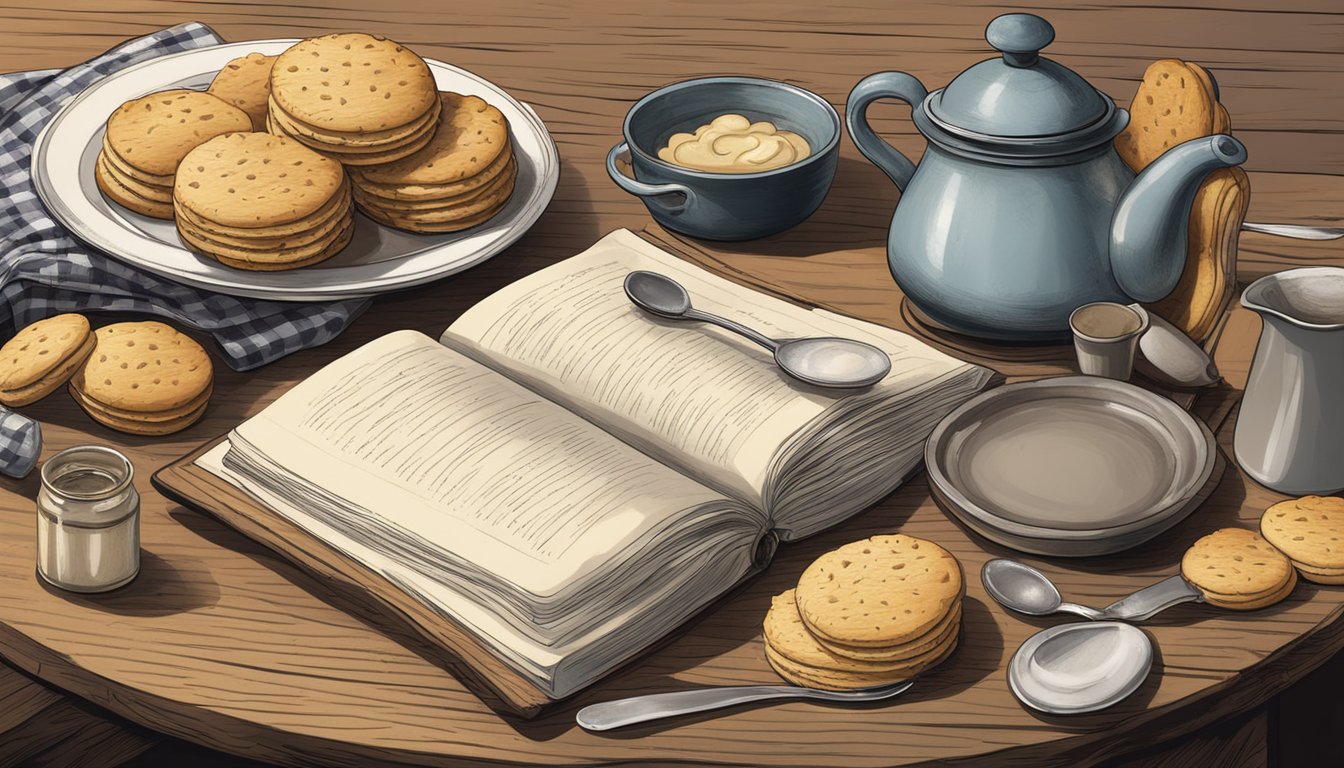 A rustic kitchen table with a steaming plate of biscuits and gravy, surrounded by vintage cookware and a worn recipe book