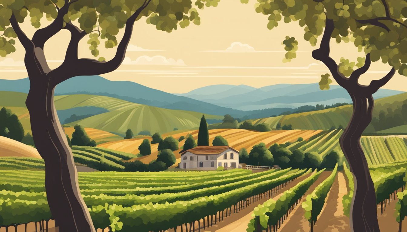 Vineyard with rows of grapevines, a rustic winery, and a tour bus among rolling hills and blue skies