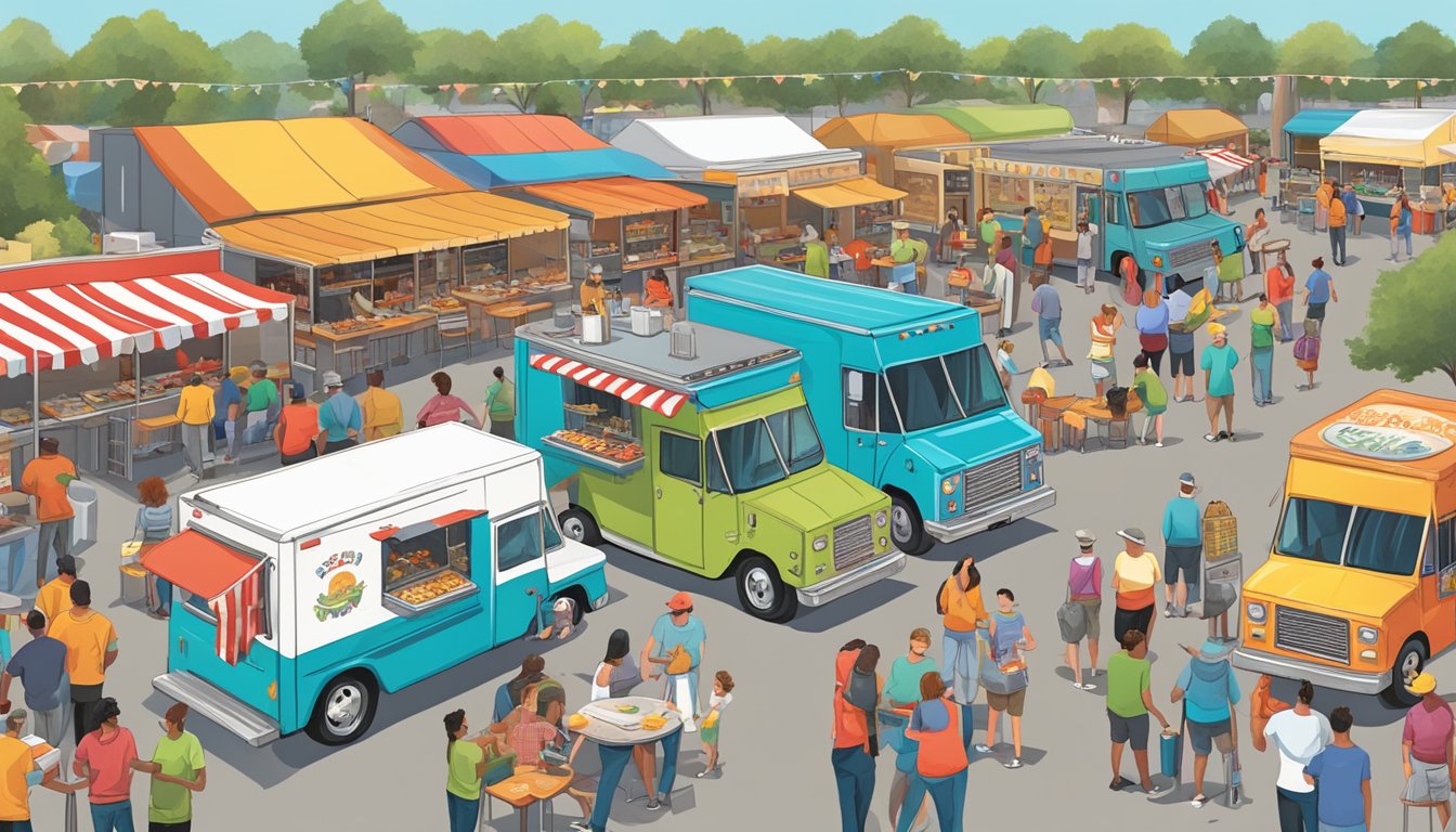 A bustling food truck park with colorful trucks serving up Texas delicacies, surrounded by eager patrons sampling the diverse flavors of the Lone Star State