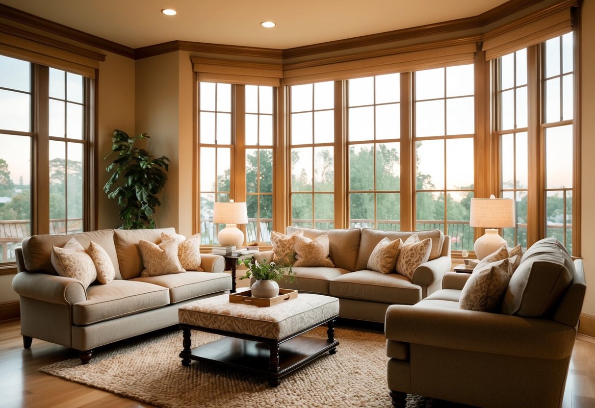 A cozy living room with warm natural light streaming in through large windows, showcasing the elegant interior design and inviting atmosphere