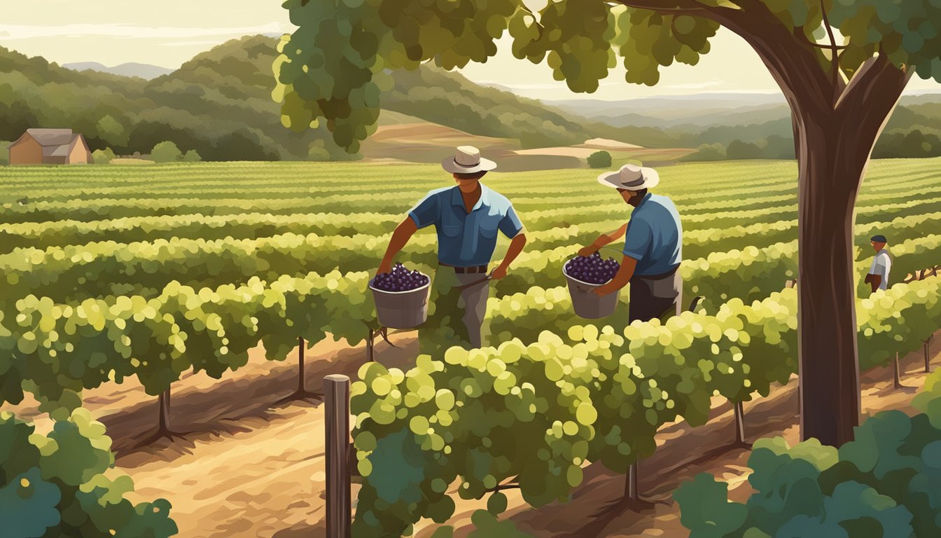 Vineyard workers picking ripe grapes under the warm Texas sun for the annual wine harvest