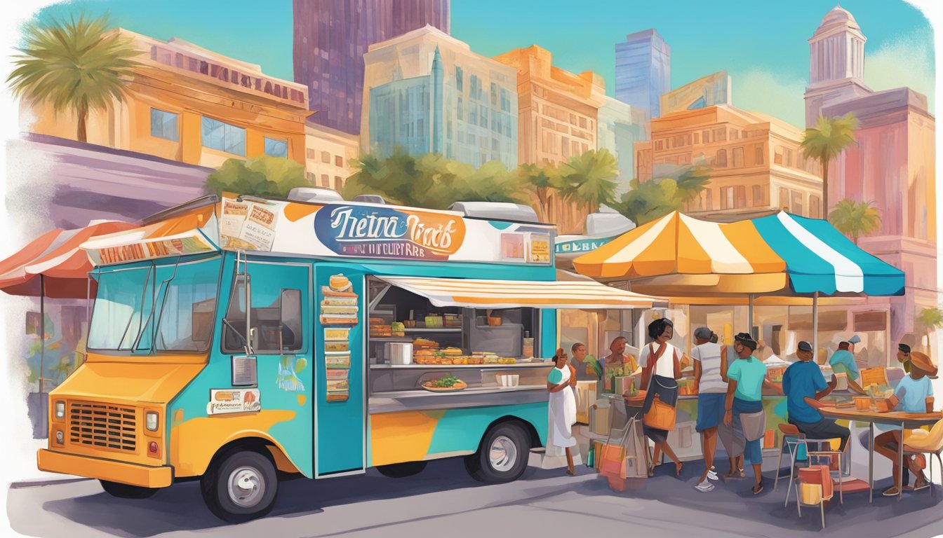 A vibrant food truck scene with colorful menus, bustling activity, and diverse culinary offerings representing the rich tapestry of Texas food culture