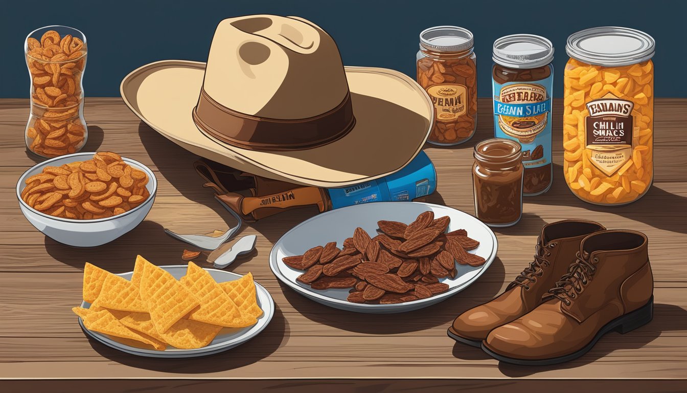 A cowboy hat and boots next to a spread of iconic Texan snacks like beef jerky, chili, and pecan pie