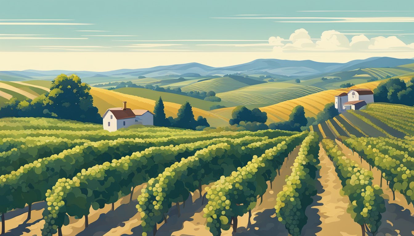 Vineyard with ripe grapes, rolling hills, and a clear blue sky. Harvest workers in the distance