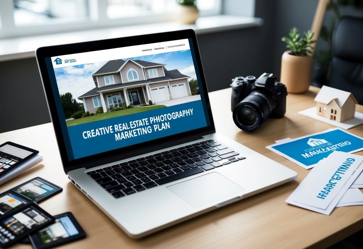 A laptop open on a desk, displaying a creative real estate photography marketing plan. A camera, house model, and email marketing materials are scattered around