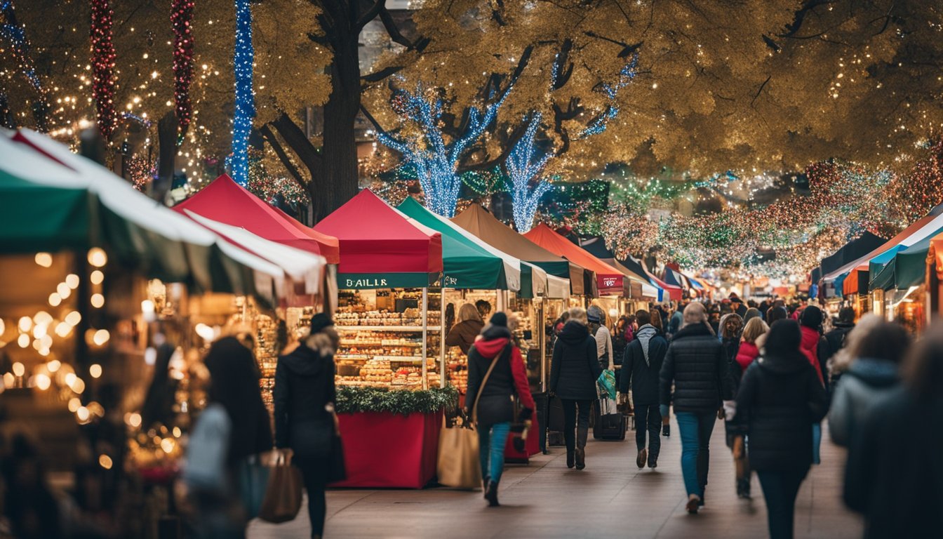 A bustling holiday market in Dallas-Fort Worth showcases festive gift sets and shoppers browsing through the colorful displays