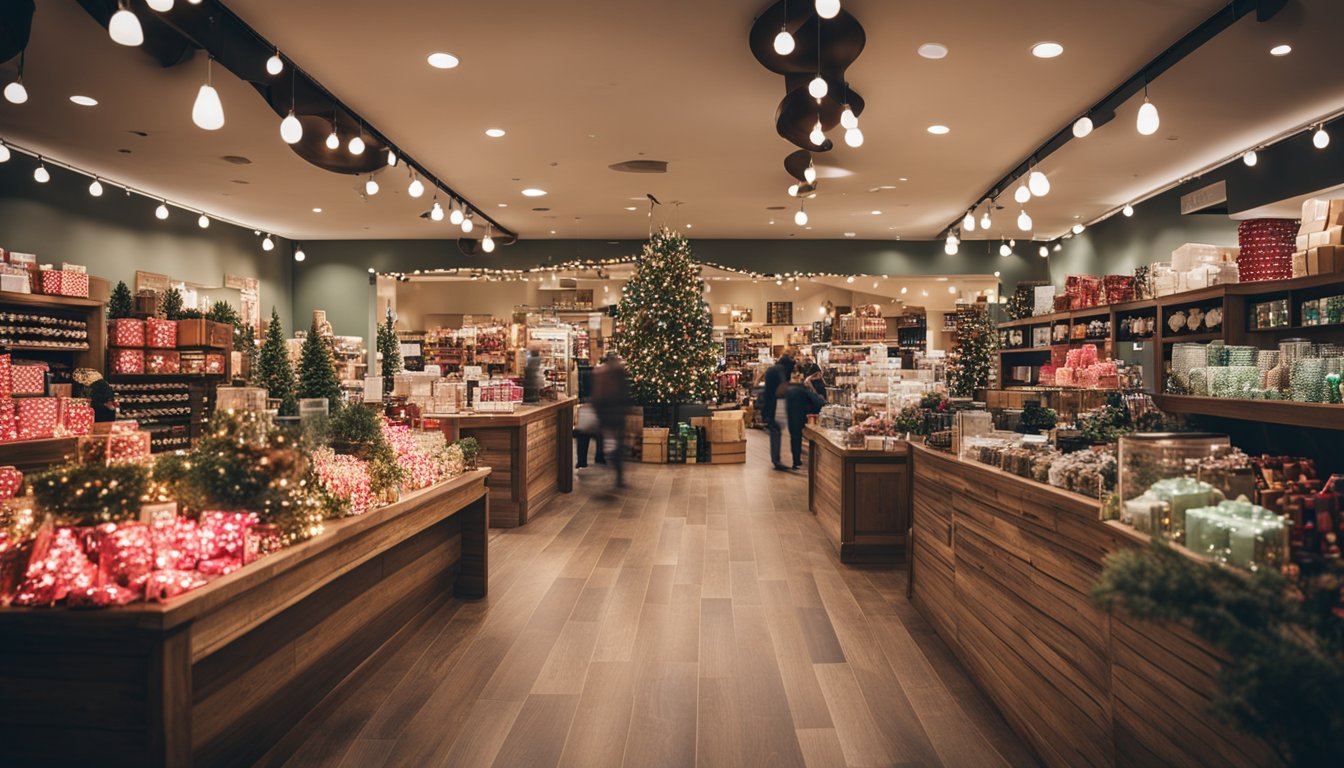 A festive holiday shop with FAQ signs, gift sets, and bustling customers in Dallas-Fort Worth