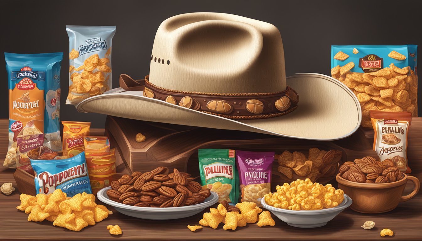 A cowboy hat sits atop a table piled high with classic Texan snacks and sweets, including BBQ-flavored chips, pecan pralines, and spicy jalapeno popcorn