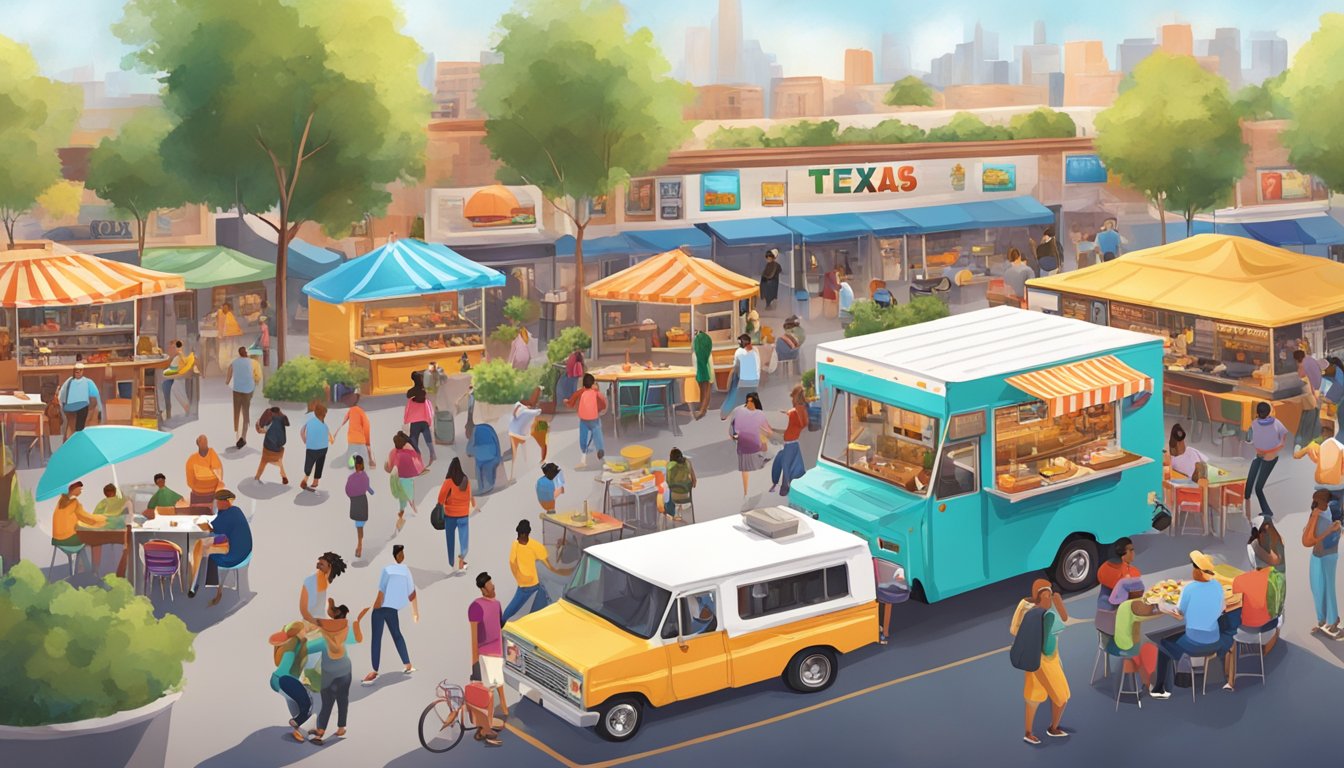 A bustling food truck park with colorful vehicles and diverse patrons enjoying the array of Texas-inspired dishes