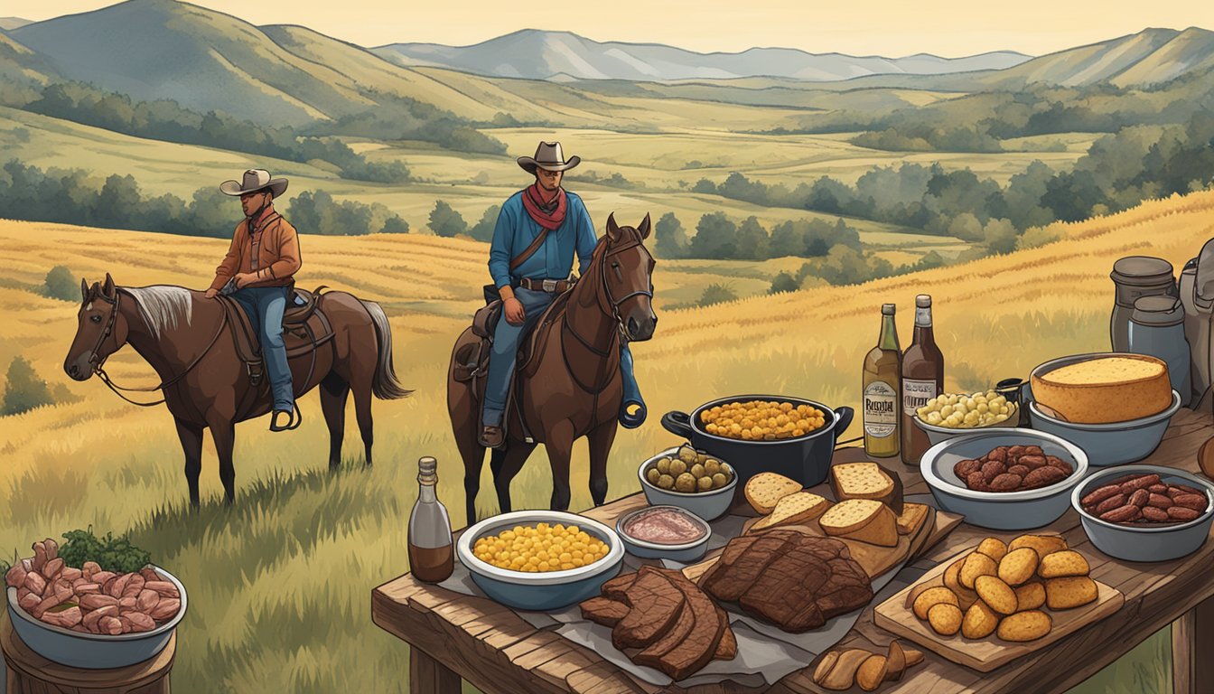 A rustic outdoor BBQ spread with smoked meats, cornbread, and classic Texan sides, set against a backdrop of rolling hills and a lone cowboy on horseback