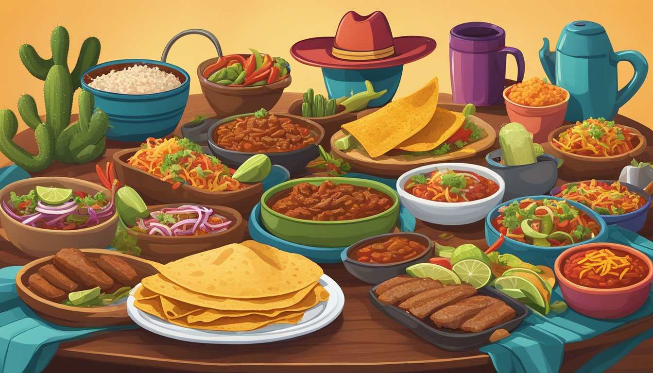 A colorful spread of Tex-Mex dishes, including sizzling fajitas, crispy tacos, and spicy chili con carne, surrounded by iconic Texas symbols such as cowboy hats, cacti, and armadillos