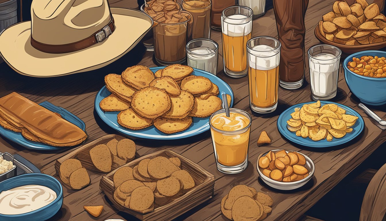 Texan snacks and drinks spread out on a table, surrounded by cowboy hats and boots