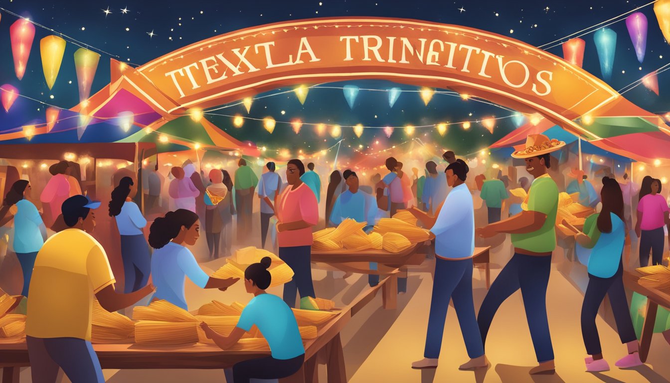 A colorful festival scene with tamales, twinkling lights, and Texan traditions