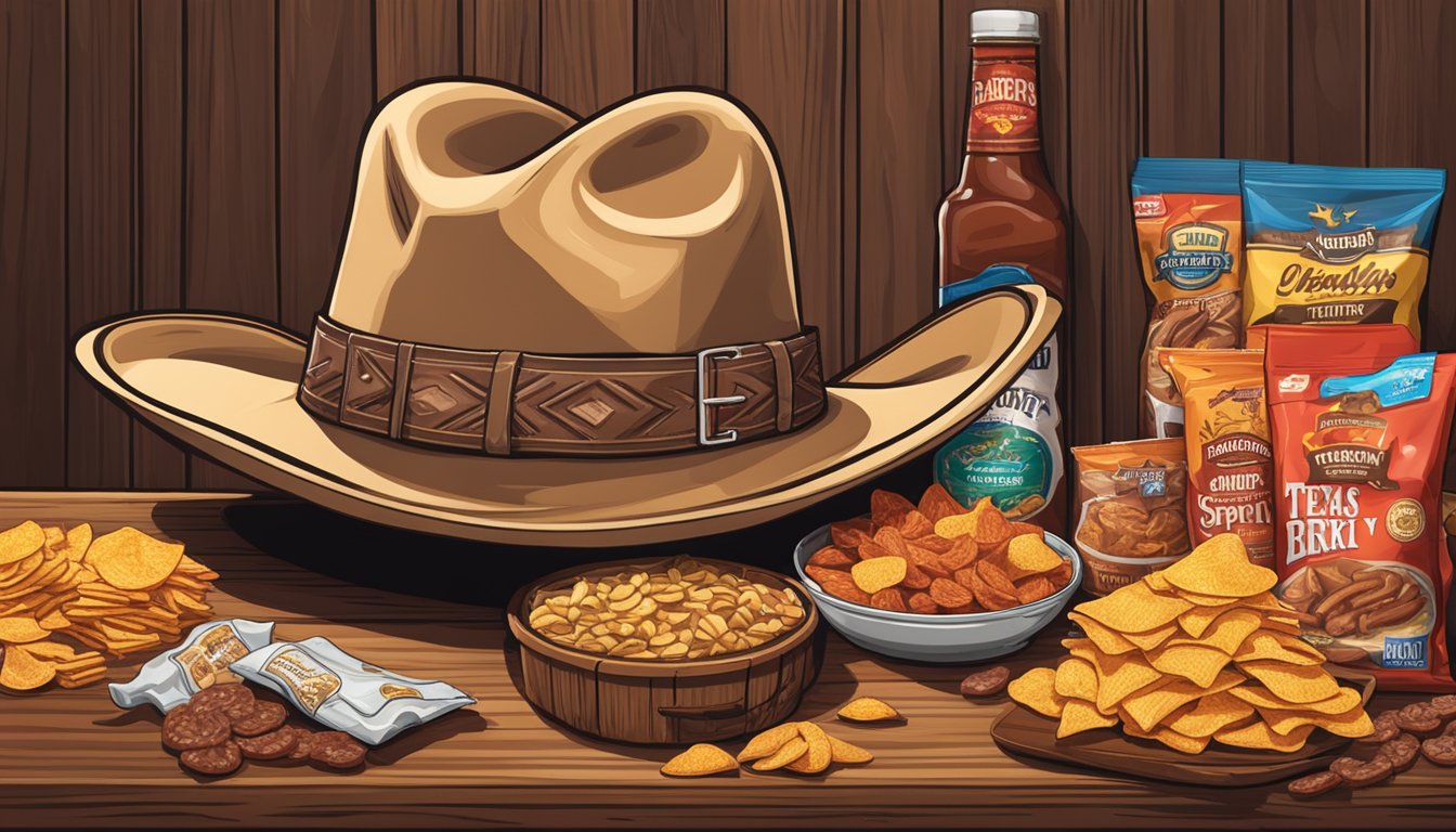 A cowboy hat rests on a wooden table surrounded by bags of Texas-themed snacks like barbecue chips and spicy jerky